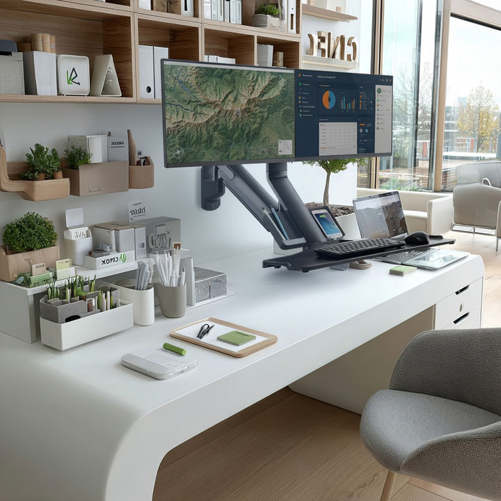 Maclean MC-633 Estación de trabajo de pie y sentado 3 en 1: soporte de pared para monitor de 2 vías con estante para teclado y soporte para computadora Soporte de pared de resorte de gas de 17-32 "pulgadas