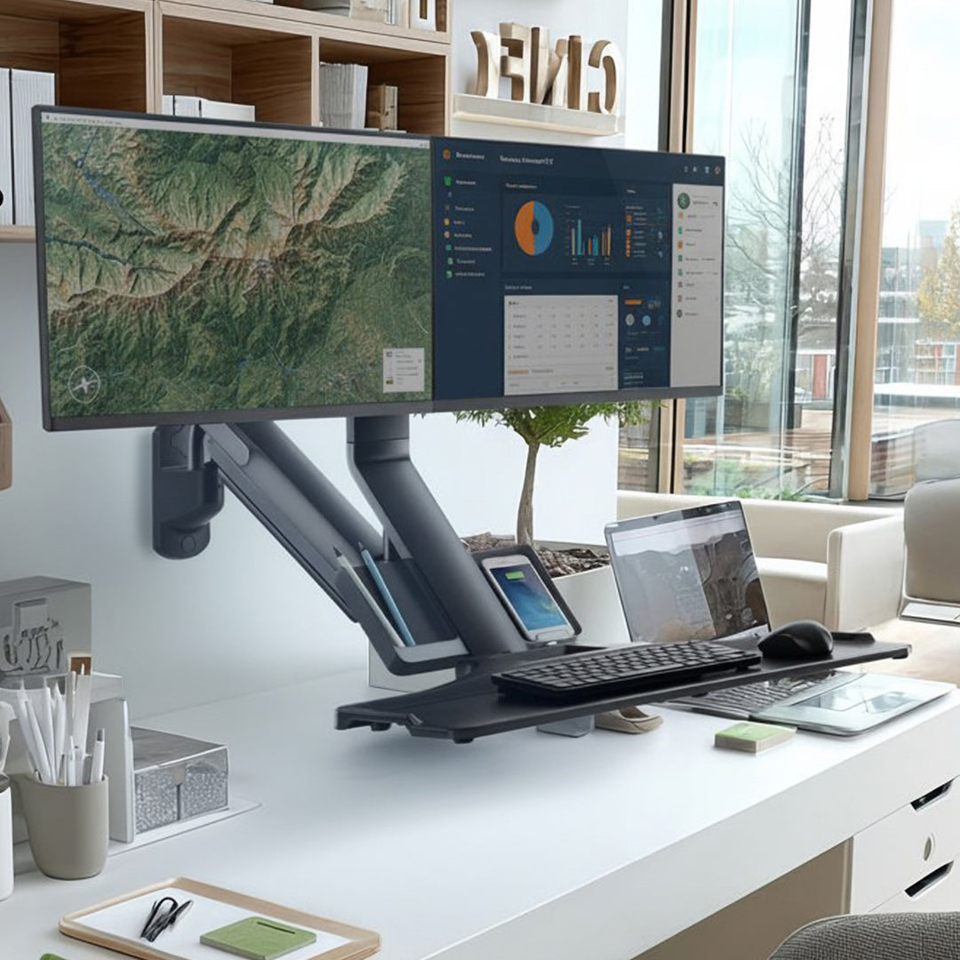 Maclean MC-633 Estación de trabajo de pie y sentado 3 en 1: soporte de pared para monitor de 2 vías con estante para teclado y soporte para computadora Soporte de pared de resorte de gas de 17-32 "pulgadas