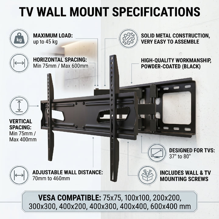 Maclean MC-723B Soporte de pared para TV pantalla LCD/LED TV 37-80", Carga máx. 45kg, máx. VESA 600x400