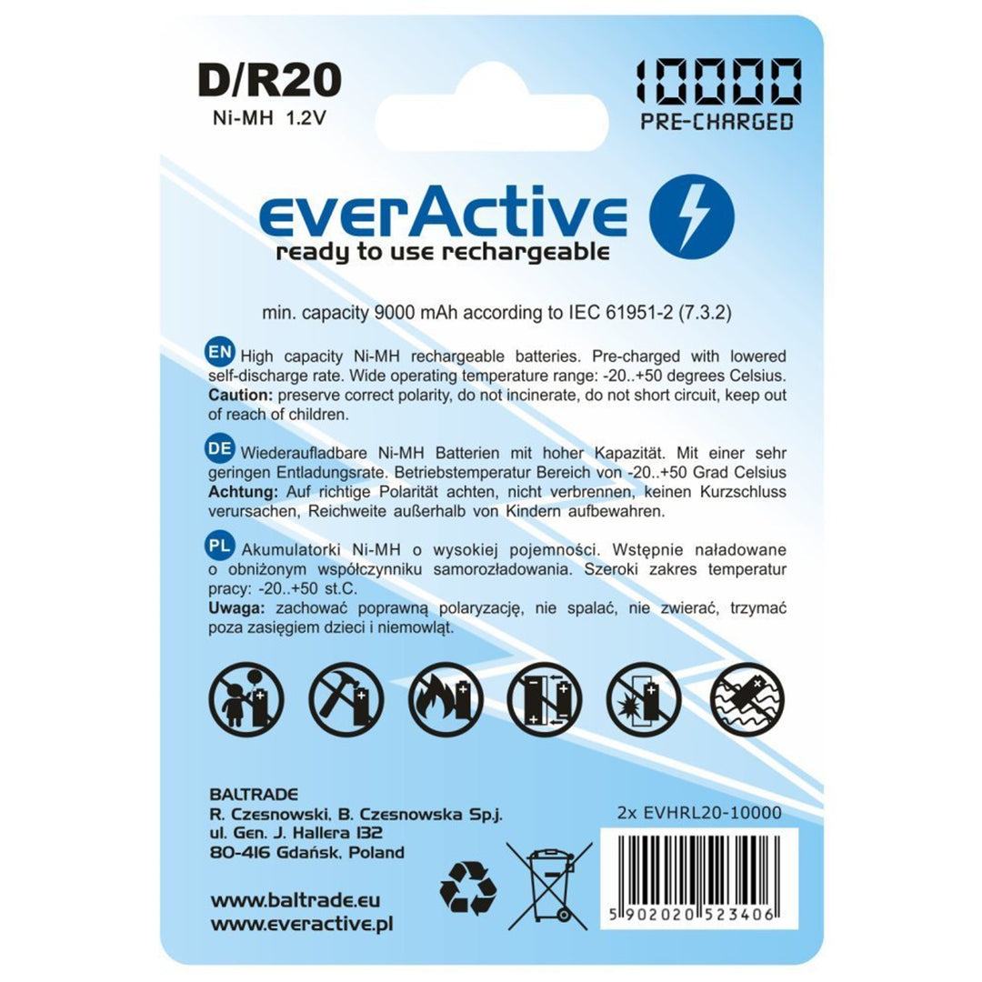 2x R20 D 10000mAh Recargable everActive Professional
