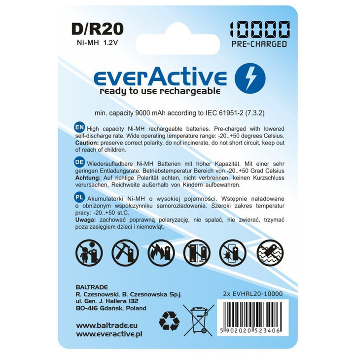 2x R20 D 10000mAh Recargable everActive Professional