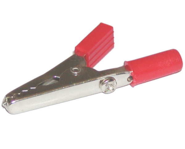 Presilha jacaré com encaixe banana vermelho e preto. O conjunto inclui 2 presilhas jacaré, uma preta e uma vermelha.