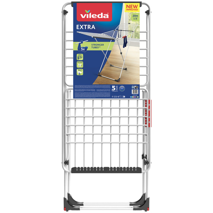 Tendedero de acero y aluminio, con alas plegables, 20 metros de espacio de tendido, con soporte para artículos pequeños, Blanco, dimensiones abierto 173 x 56 x 93 cm