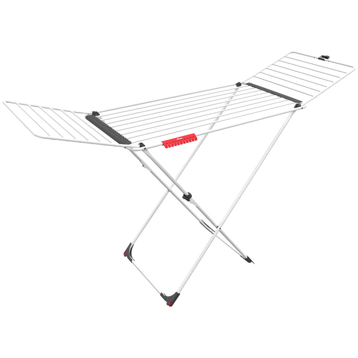 Tendedero de acero y aluminio, con alas plegables, 20 metros de espacio de tendido, con soporte para artículos pequeños, Blanco, dimensiones abierto 173 x 56 x 93 cm