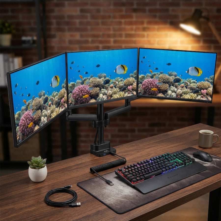 Soporte de escritorio para 3 monitores LCD LED con 2x USB 3.0 17-27" 3x7kg VESA 75x75 y 100x100 Maclean MC-811