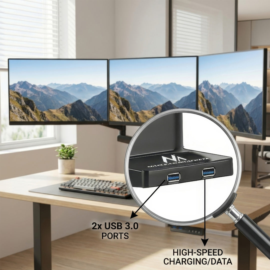 Soporte de escritorio para 3 monitores LCD LED con 2x USB 3.0 17-27" 3x7kg VESA 75x75 y 100x100 Maclean MC-811