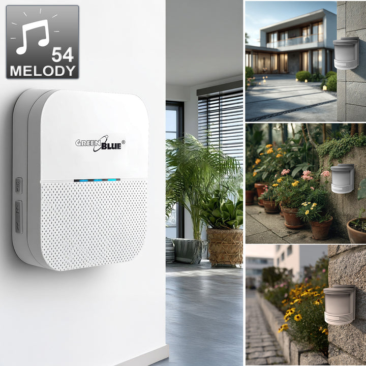 Indicador de entrada sem fio com sensor de movimento e 52 melodias, 230 V, máx. 8 sensores, branco GreenBlue GB212