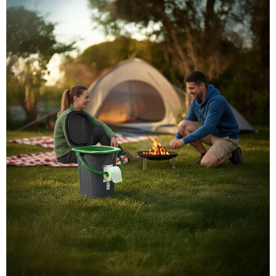 Sanita portátil turística com tampa 19L preta com verde, perfeita para viagens, GreenBlue GB320BG flare