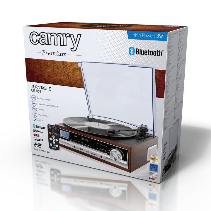 Gira-discos Camry CR 1168 com rádio e Bluetooth / MP3 / USB / SD / Gravação