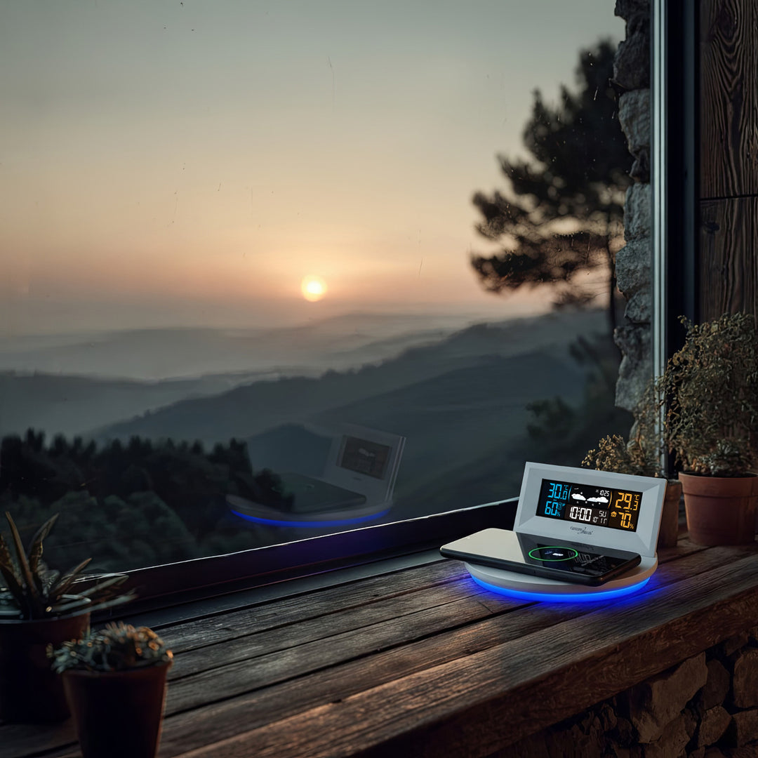 Estación meteorológica inalámbrica con cargador inalámbrico/inductivo GreenBlue, reloj, alarma, calendario, sensor de exterior, GB213