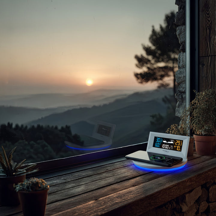 Estación meteorológica inalámbrica con cargador inalámbrico/inductivo GreenBlue, reloj, alarma, calendario, sensor de exterior, GB213
