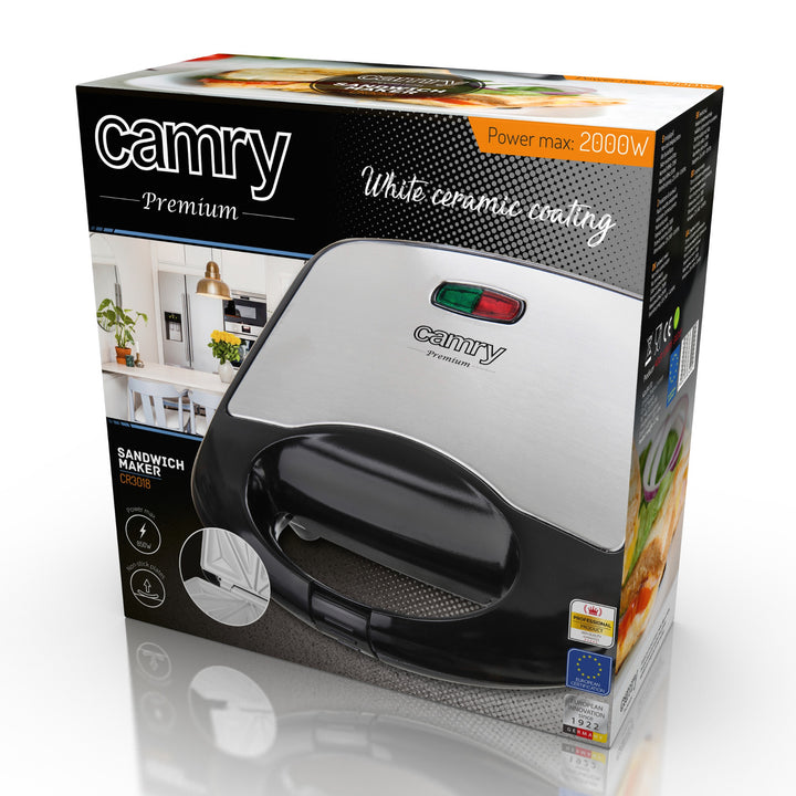 Tostadora de sándwiches Camry, capa cerámica antiadherente, potencia máxima 850 W, CR 3018