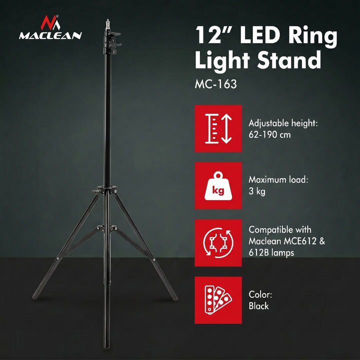 Maclean MC-163 Soporte para anillo de luz de 12 ", Altura ajustable 62-190 cm, Aoporte de iluminación, Soporte de lámpara, Soporte de luz con capacidad de carga hasta 3 kg