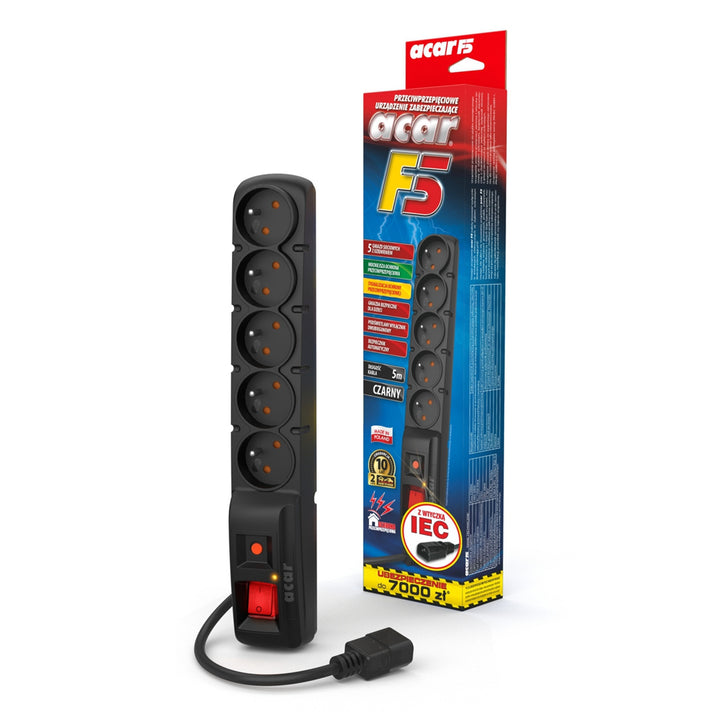 Acar Regleta de protección contra sobretensiones, Enchufe IEC, negro, 2300 W, 5 m, F5 IEC