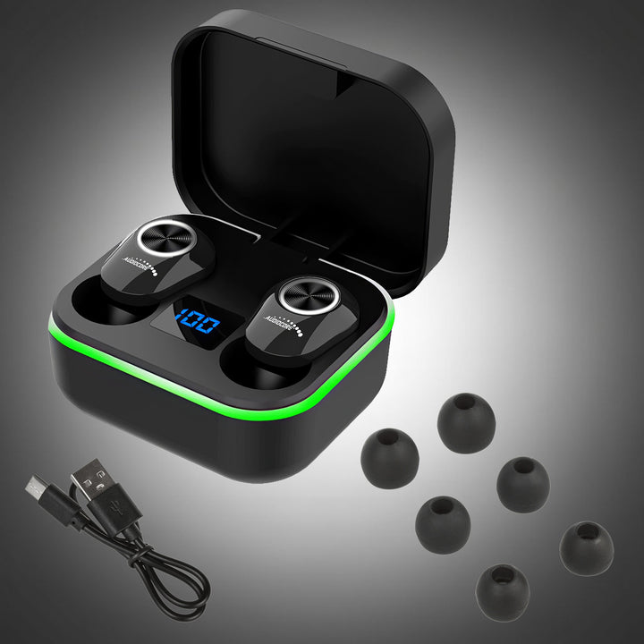 Fones de ouvido intra-auriculares TWS Bluetooth com estação de carregamento e microfone integrado, tecnologia Touch, fones de ouvido sem fio, caixa de carregamento, True Wireless Stereo BT5.1 com tela, preto