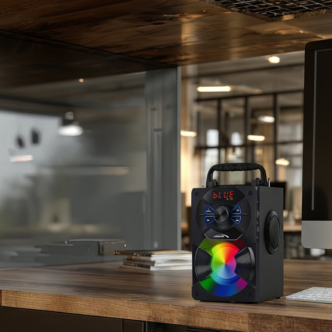 Audiocore AC730  Altavoz bluetooth portátil / radio / SD / MMC / entrada auxiliar / USB / iluminación / control remoto / antena telescópica / conexión de micrófono