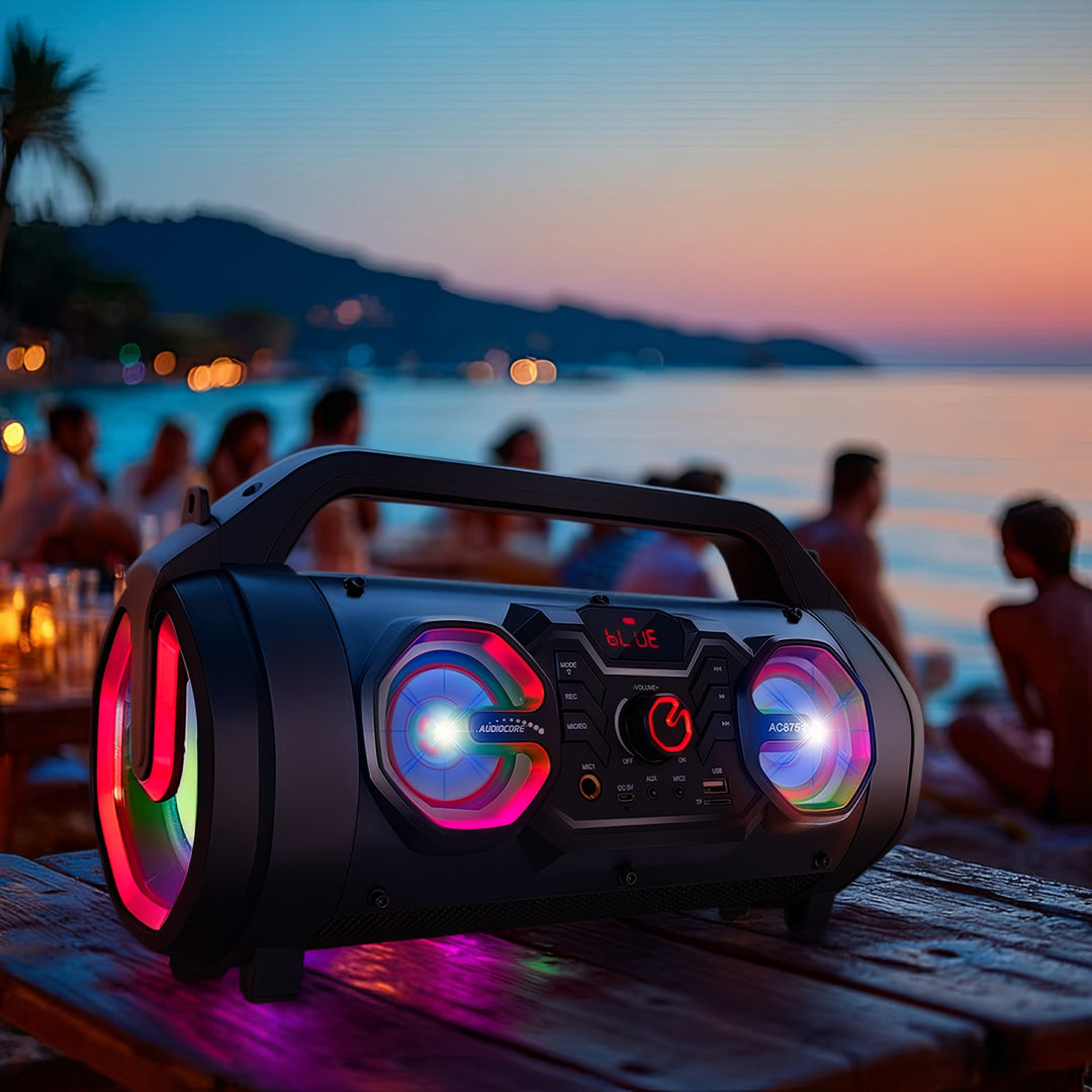 Audiocore AC875 Bazooka Altavoz Bluetooth portátil Boombox 30W (20W + 5Wx2) IPX4 A prueba de salpicaduras / Radio / microSD / Aux-In / USB / Iluminación / Puerto de micrófono