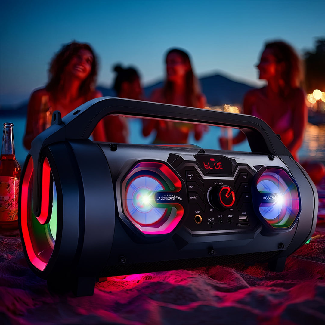 Audiocore AC875 Bazooka Altavoz Bluetooth portátil Boombox 30W (20W + 5Wx2) IPX4 A prueba de salpicaduras / Radio / microSD / Aux-In / USB / Iluminación / Puerto de micrófono