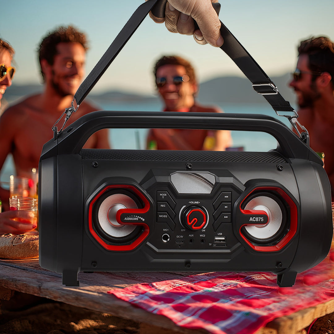 Audiocore AC875 Bazooka Altavoz Bluetooth portátil Boombox 30W (20W + 5Wx2) IPX4 A prueba de salpicaduras / Radio / microSD / Aux-In / USB / Iluminación / Puerto de micrófono