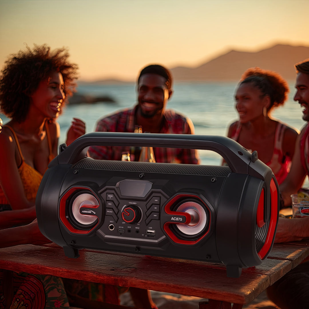 Audiocore AC875 Bazooka Altavoz Bluetooth portátil Boombox 30W (20W + 5Wx2) IPX4 A prueba de salpicaduras / Radio / microSD / Aux-In / USB / Iluminación / Puerto de micrófono