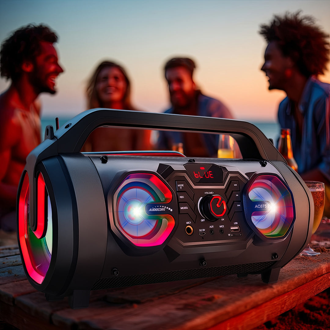 Audiocore AC875 Bazooka Altavoz Bluetooth portátil Boombox 30W (20W + 5Wx2) IPX4 A prueba de salpicaduras / Radio / microSD / Aux-In / USB / Iluminación / Puerto de micrófono