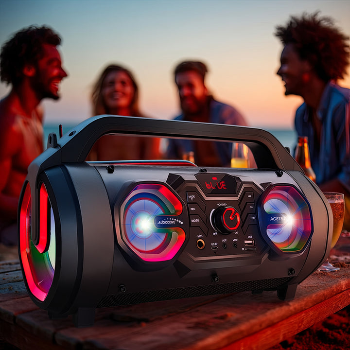 Audiocore AC875 Bazooka Altavoz Bluetooth portátil Boombox 30W (20W + 5Wx2) IPX4 A prueba de salpicaduras / Radio / microSD / Aux-In / USB / Iluminación / Puerto de micrófono