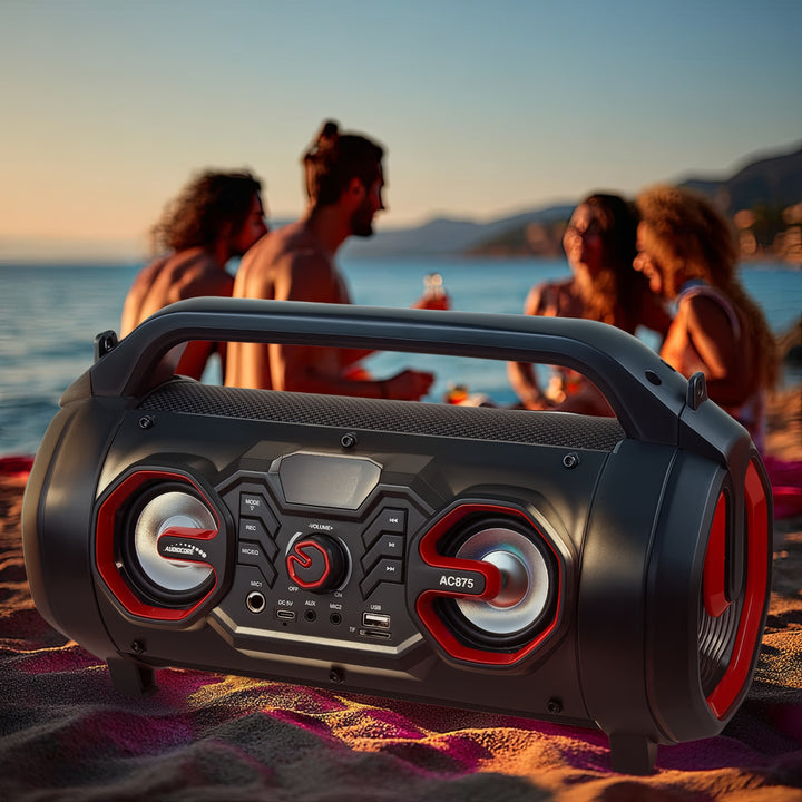 Audiocore AC875 Bazooka Altavoz Bluetooth portátil Boombox 30W (20W + 5Wx2) IPX4 A prueba de salpicaduras / Radio / microSD / Aux-In / USB / Iluminación / Puerto de micrófono