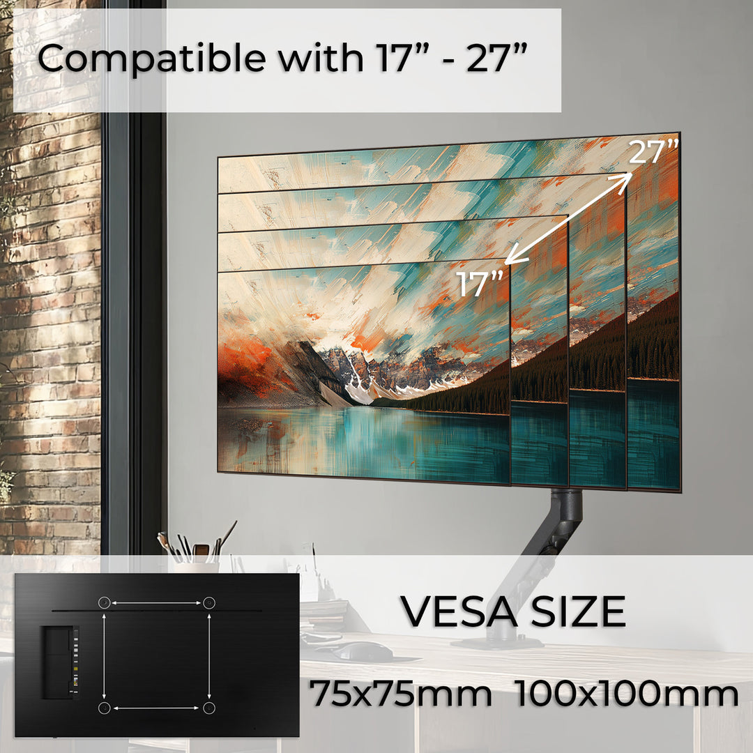 Braço para monitor Maclean de 1 baía com mola a gás, 17"-27", suporte de mesa giratório e inclinado, VESA 75x75, 100x100, até 7 kg