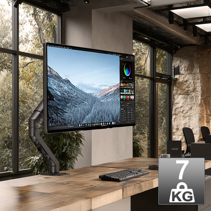 Braço para monitor Maclean de 1 baía com mola a gás, 17"-27", suporte de mesa giratório e inclinado, VESA 75x75, 100x100, até 7 kg