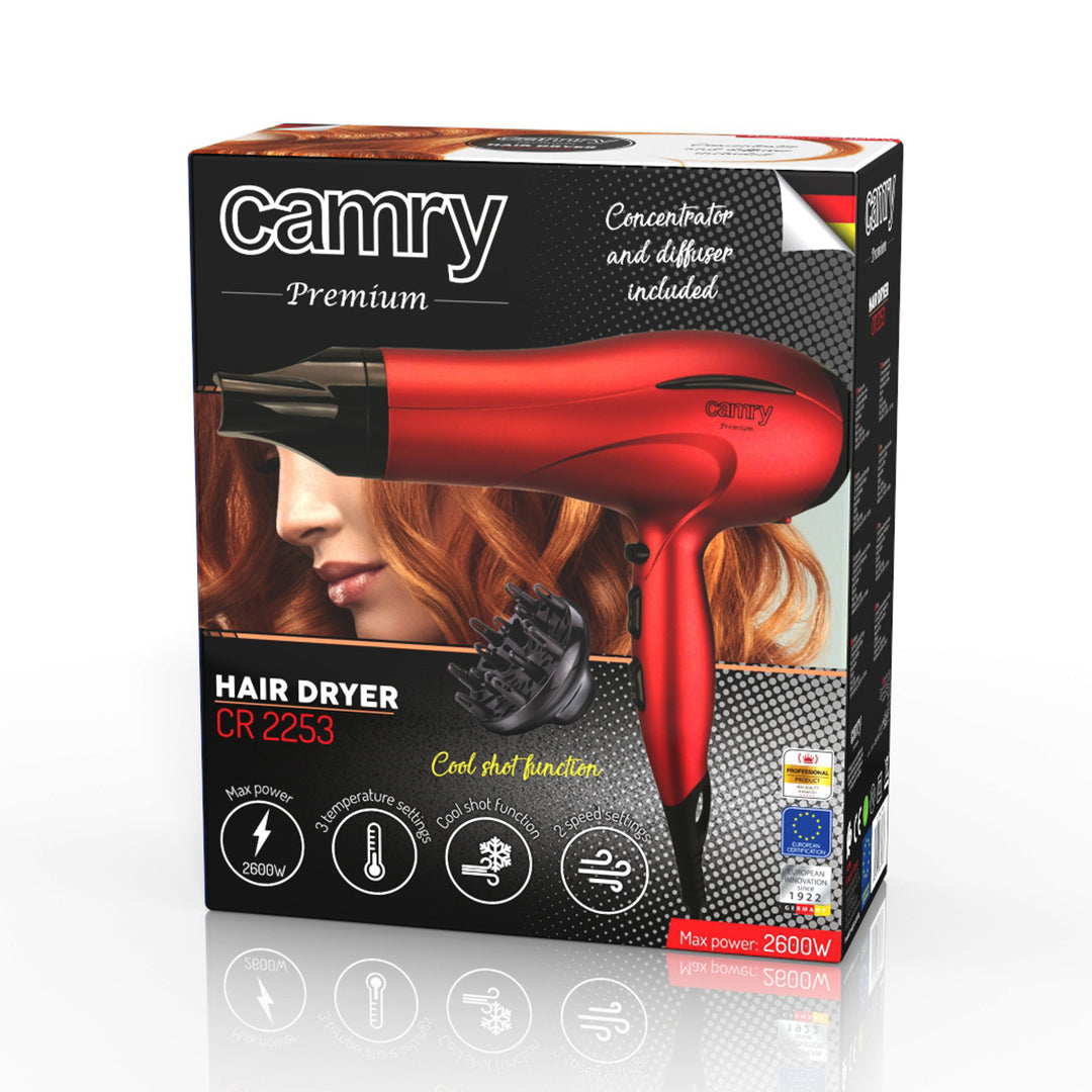 Secador de cabelo Camry, 2 níveis de potência de sopro, 3 definições de calor, 2400 W, vermelho, CR 2253