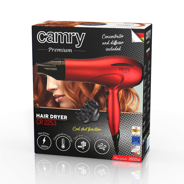 Secador de cabelo Camry, 2 níveis de potência de sopro, 3 definições de calor, 2400 W, vermelho, CR 2253