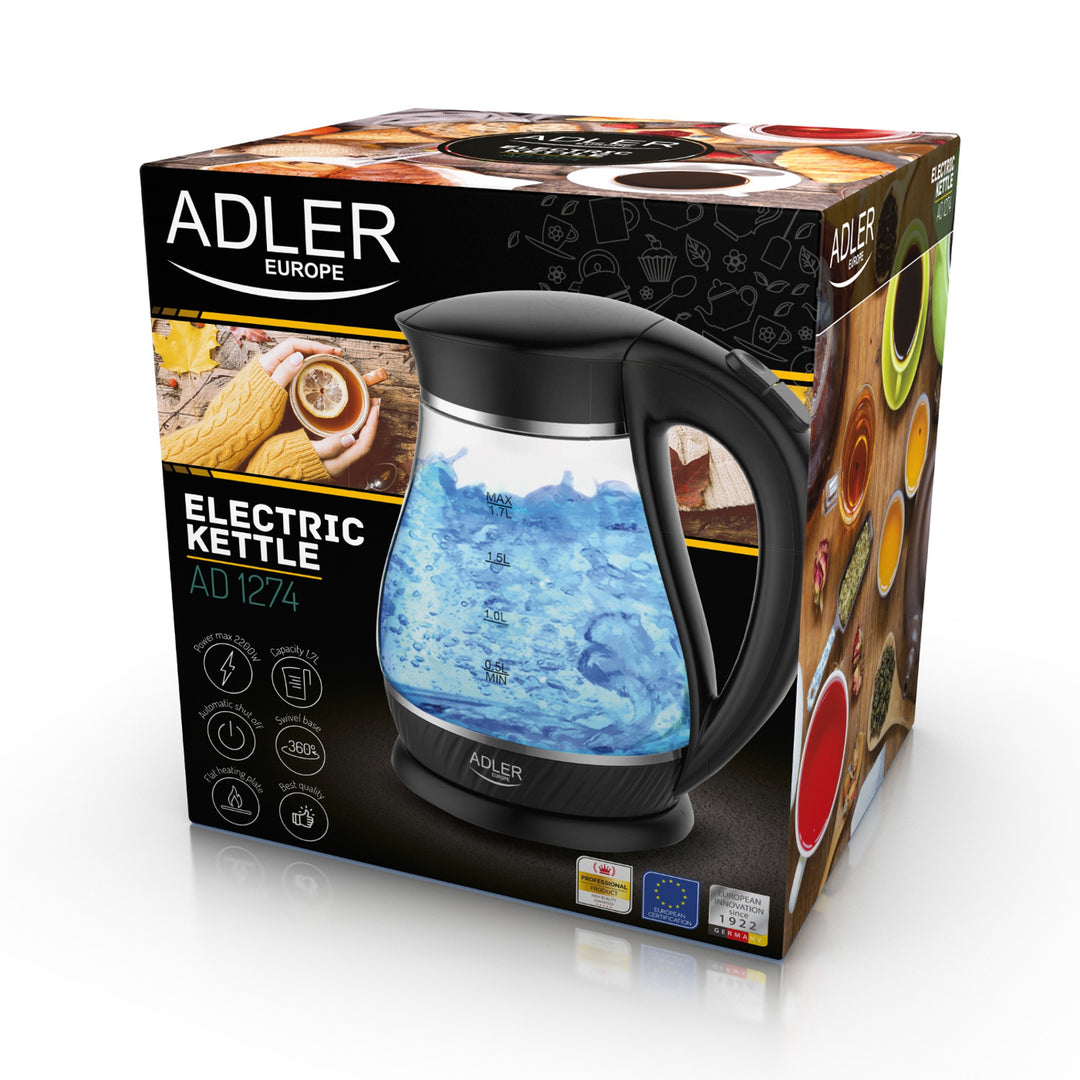 Chaleira em vidro preto Adler AD 1274, capacidade 1,7L, potência 2200W
