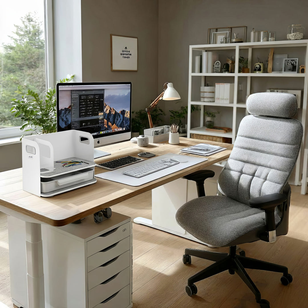 Organizador de mesa com gaveta e suporte para livros Organizador de material de escritório Bandeja até 10 kg Branco