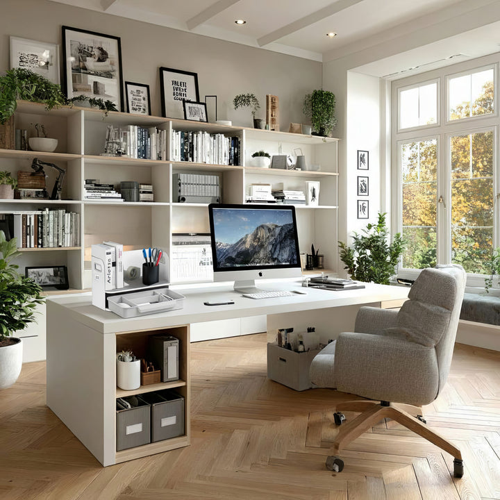 Organizador de mesa com gaveta e suporte para livros Organizador de material de escritório Bandeja até 10 kg Branco