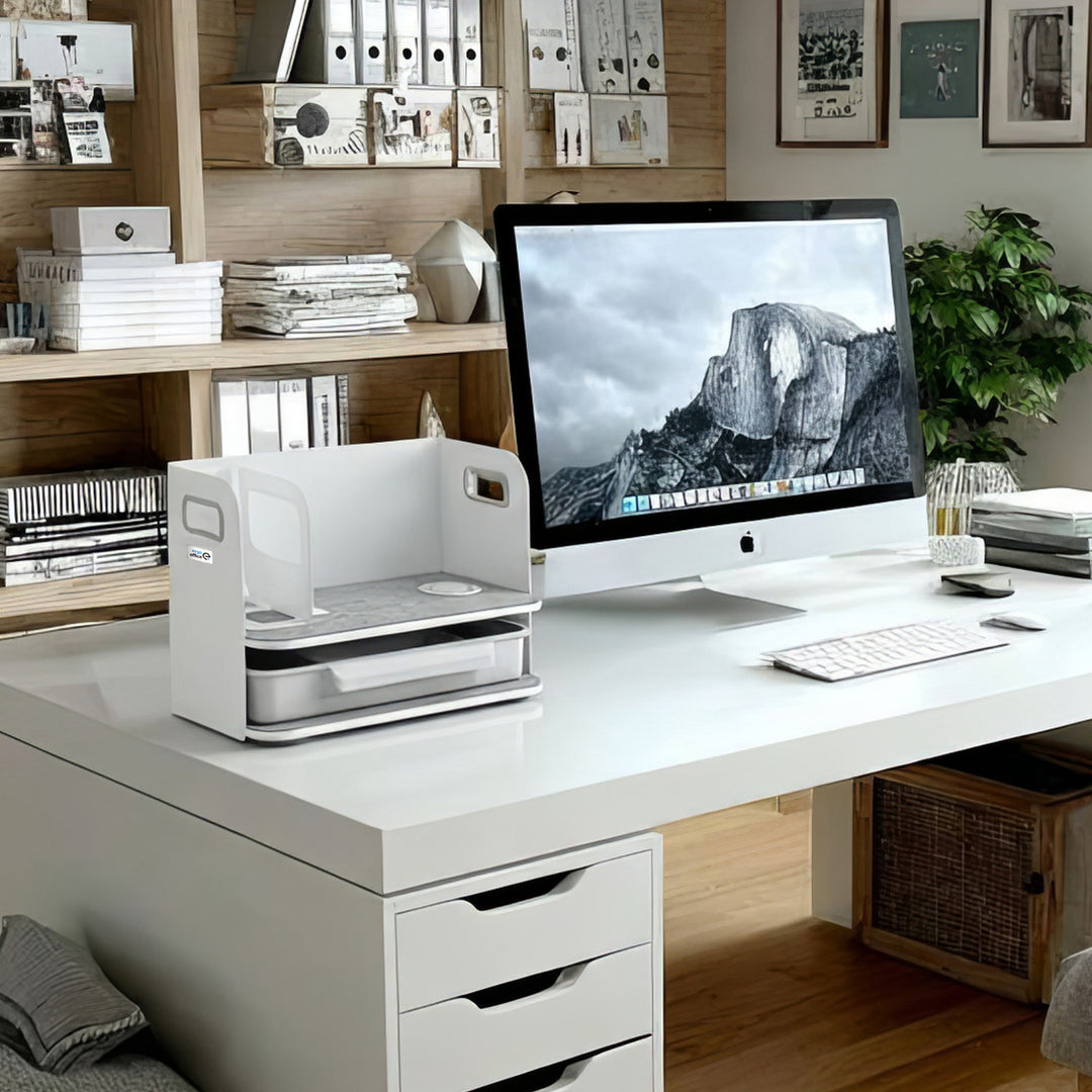 Organizador de escritorio con cajón y cargador inalámbrico Ergo Office, blanco, máx. 10kg, ER-441