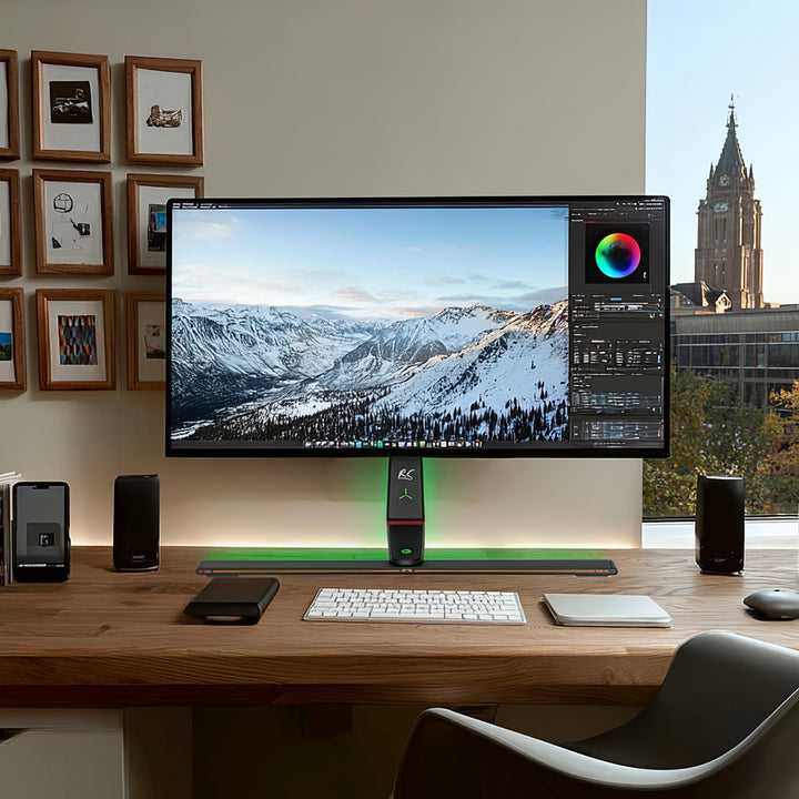Soporte de monitor para juegos NanoRS, ajustable en altura, LED RGB, 32-55", VESA máx. 400x400, máx. 40kg, RS167