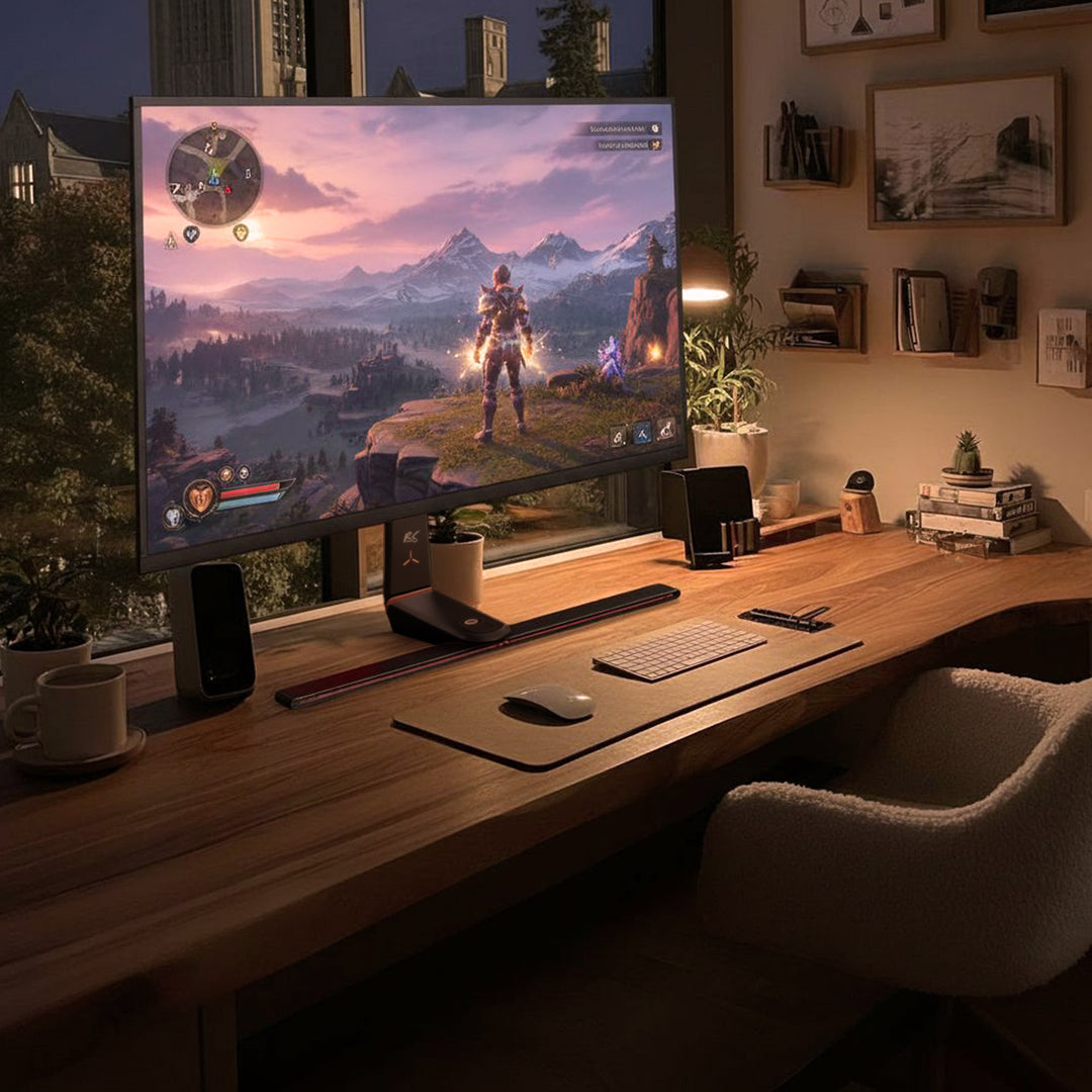Soporte de monitor para juegos NanoRS, ajustable en altura, LED RGB, 32-55", VESA máx. 400x400, máx. 40kg, RS167