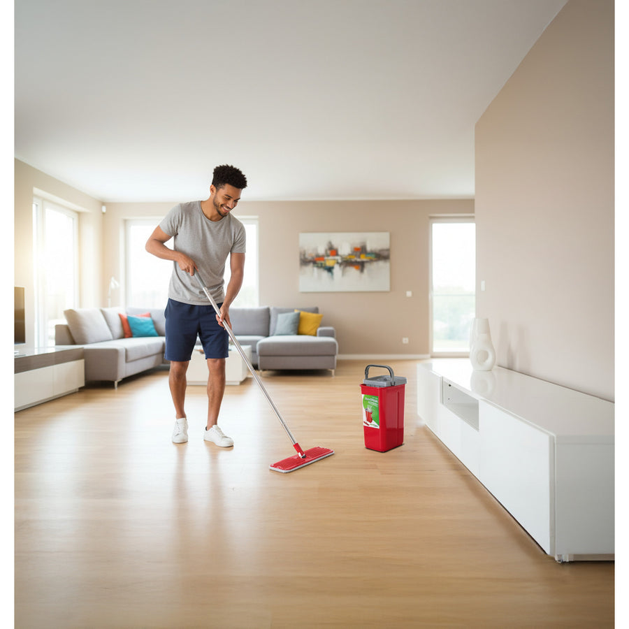 Juego de fregona plana MaxiClean con cubo de limpieza 2 en 1 Juego de mopa de 5,7 l Limpiador de suelo Fregona Limpiador del sistema de limpieza Cabezal de fregona giratorio de 360° (juego de fregona plana y cubo + 2 fundas de repuesto)