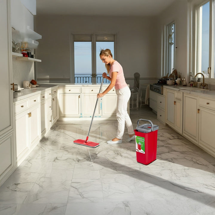 Conjunto de esfregão plano MaxiClean com balde de limpeza 2 em 1 Conjunto de esfregão de 5,7L Limpador de piso Limpador de sistema de limpeza de esfregão Cabeça de esfregão giratória 360 ° (conjunto de esfregão plano e balde + 2 tampas de reposição)