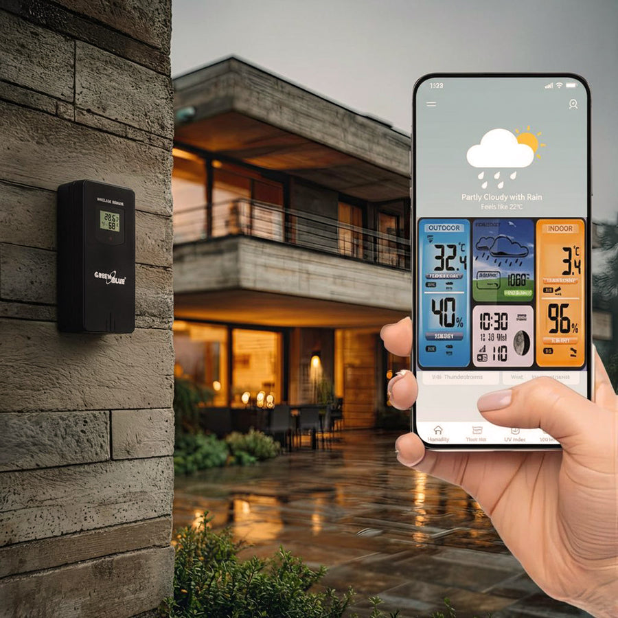 Estación meteorológica WiFi GreenBlue, compatible con TUYA, sensor de exterior, calendario, previsión meteorológica, barómetro, GB215