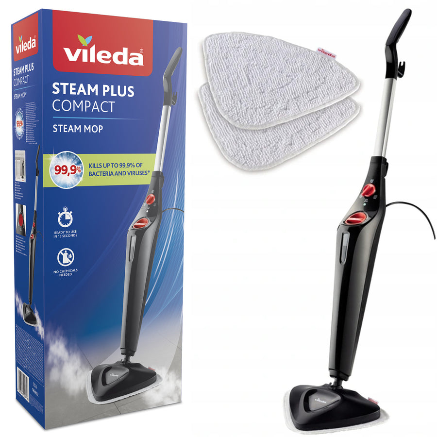 Esfregona elétrica a vapor Vileda 168917 Steam Plus 3.0 com 2 almofadas de reposição de microfibra, limpeza de carpetes