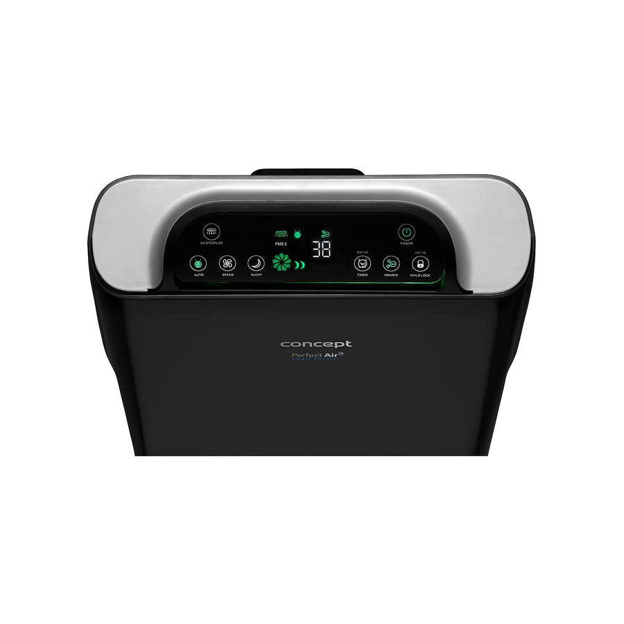 CONCEPT Hausgeräte Perfect Air SMART CA2000 Purificador de aire para habitaciones 320 m3 / h Filtro de 7 etapas HEPA-13 Filtro de polvo Ionizador Filtro de carbón 99,9% Aplicación móvil, negro