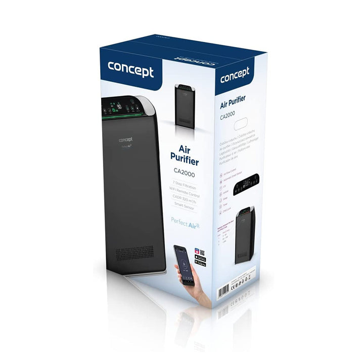 CONCEPT Hausgeräte Perfect Air SMART CA2000 Purificador de aire para habitaciones 320 m3 / h Filtro de 7 etapas HEPA-13 Filtro de polvo Ionizador Filtro de carbón 99,9% Aplicación móvil, negro