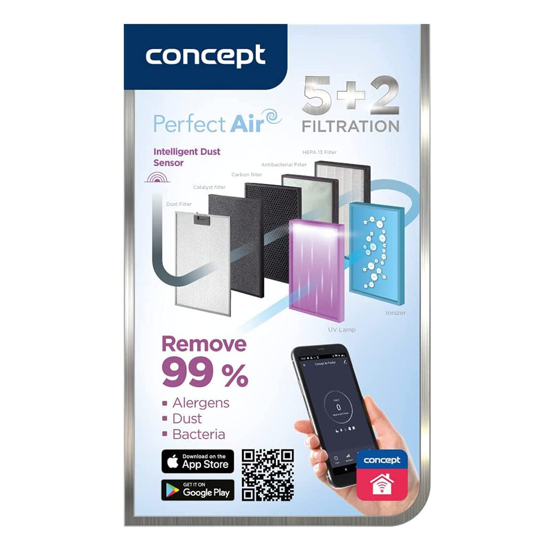 CONCEPT Hausgeräte Perfect Air SMART CA2000 Purificador de aire para habitaciones 320 m3 / h Filtro de 7 etapas HEPA-13 Filtro de polvo Ionizador Filtro de carbón 99,9% Aplicación móvil, negro