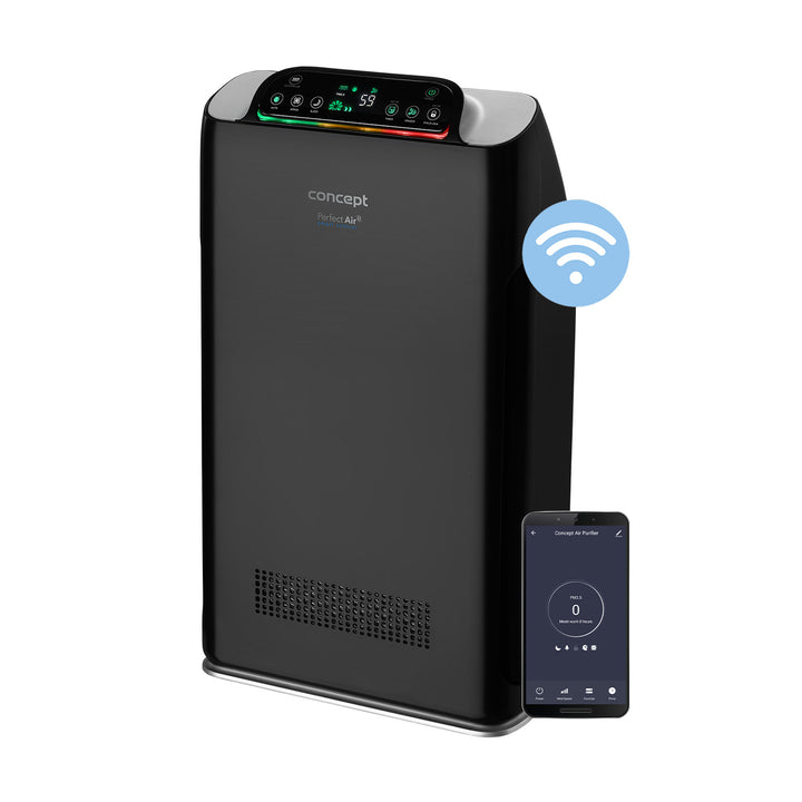 CONCEPT Hausgeräte Perfect Air SMART CA2000 Purificador de aire para habitaciones 320 m3 / h Filtro de 7 etapas HEPA-13 Filtro de polvo Ionizador Filtro de carbón 99,9% Aplicación móvil, negro