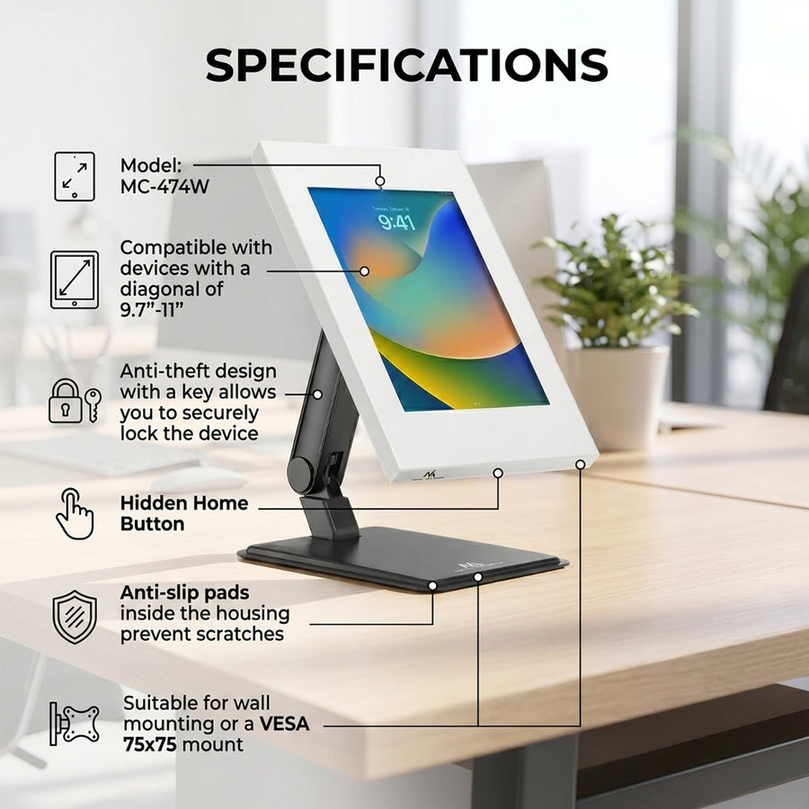 Suporte de parede com fecho para publicidade em tablets Maclean MC-474W, 9,7"-11", compatível com iPad/iPad Air/iPad Pro, Samsung Galaxy Tab A/Tab A7/Tab S6 Lite