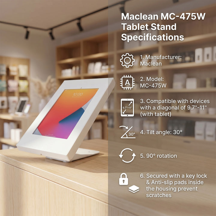 Maclean MC-475 - Soporte para Tablet con Protección Antirrobo para Montaje en Pared o Mesa, Compatible con 9,7"-11", iPad/iPad Air/iPad Pro, Samsung Galaxy Tab A/Tab A7/Tab S6 Lite (blanco)
