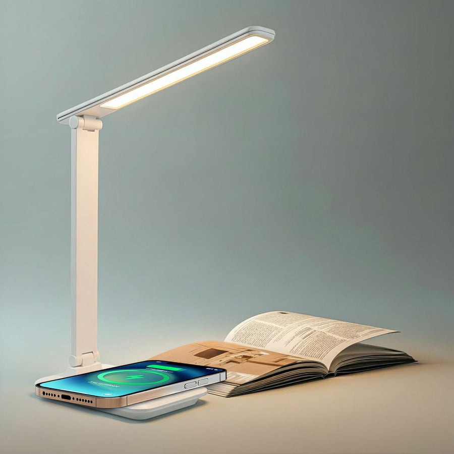 Lámpara de escritorio LED regulable Lámpara de escritorio de 9W con cargador Qi por inducción