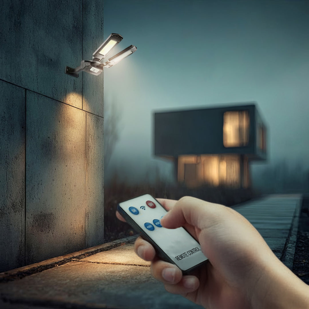 Farola LED solar con sensor de movimiento y mando a distancia Maclean IP54, 5W, 2x450lm, 6500K, Li-ion 2400 mAh, 3 modos de funcionamiento MCE447