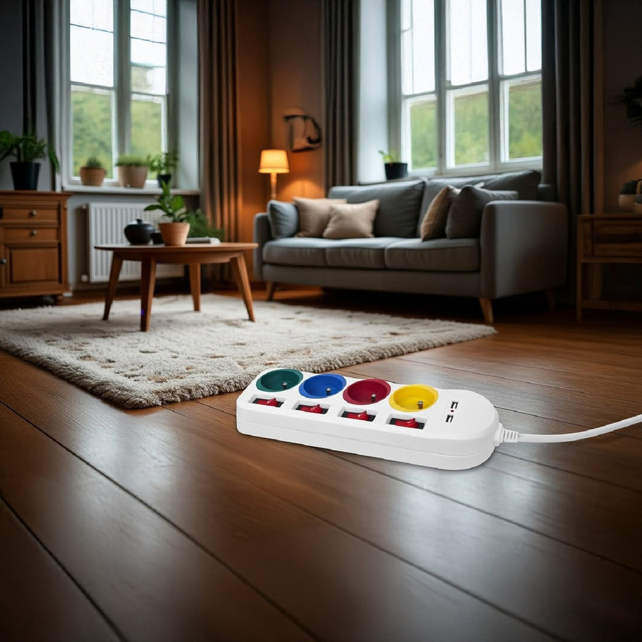 Maclean MCE229 W Alargador Regleta con Enchufes Cable de Prolongación de 4 Tomas + 2xUSB con Interruptores, 250VAC/10A, 2,1A 5V, 1,5m, blanco